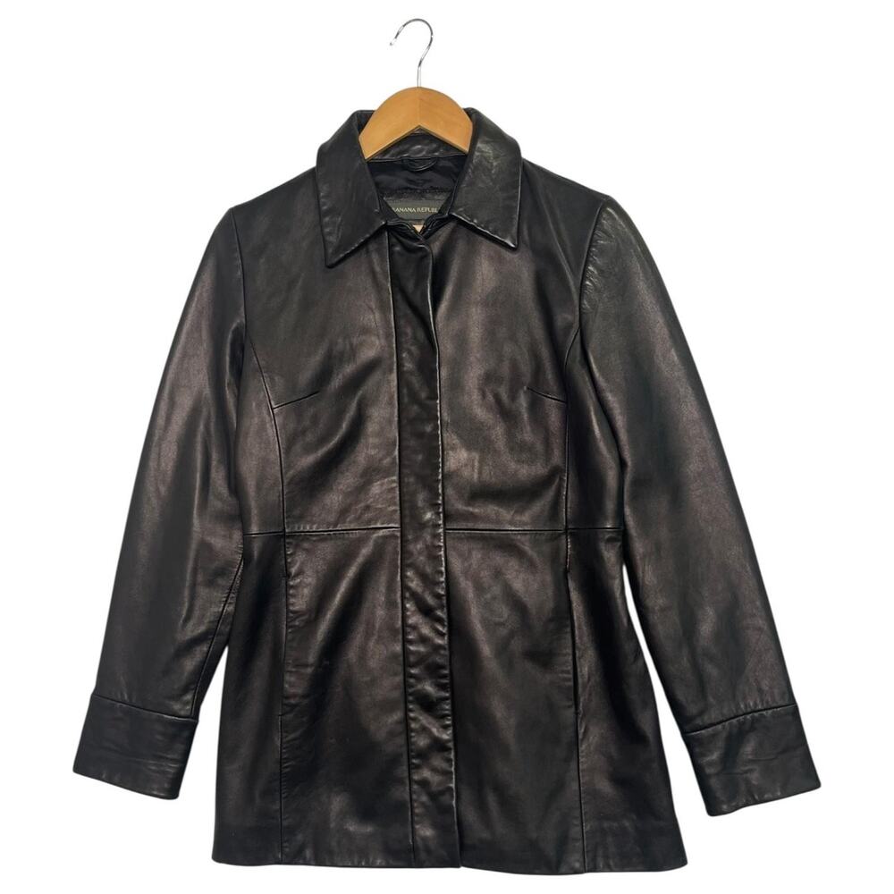 VTG Banana Republic Jacket Womens Medium Black Leather Butter Soft Moto Coat Y2K